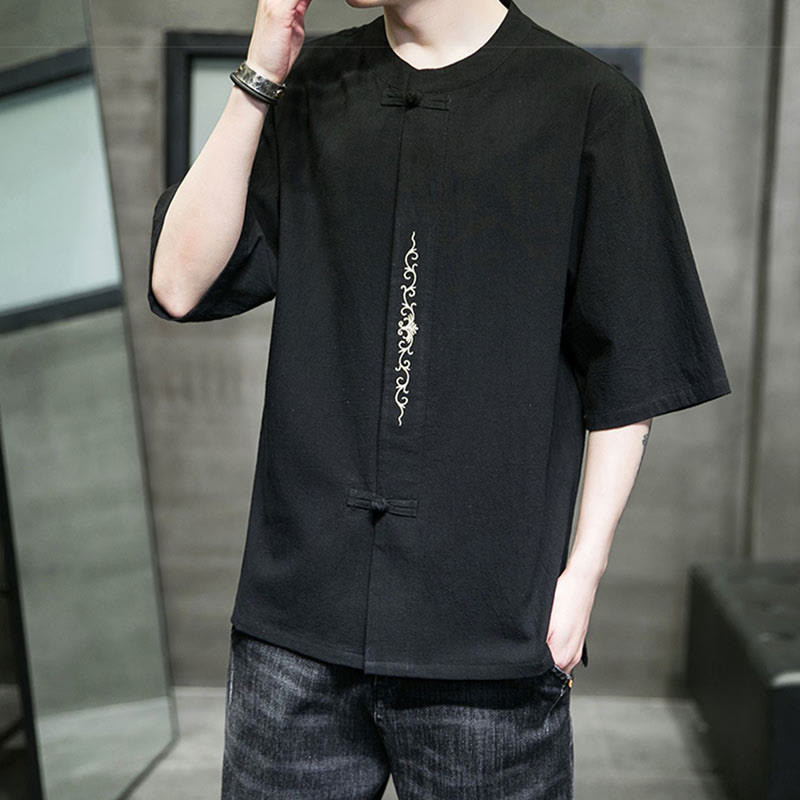 Buddha Stones Plain Color Frog-Button Embroidery Men's Half Sleeve Cotton Shirt - image 13