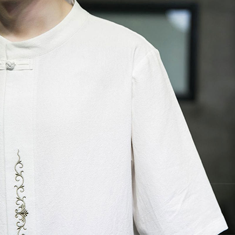 Buddha Stones Plain Color Frog-Button Embroidery Men's Half Sleeve Cotton Shirt - image 23