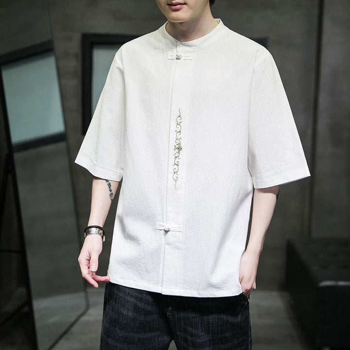 Buddha Stones Plain Color Frog-Button Embroidery Men's Half Sleeve Cotton Shirt - image 26