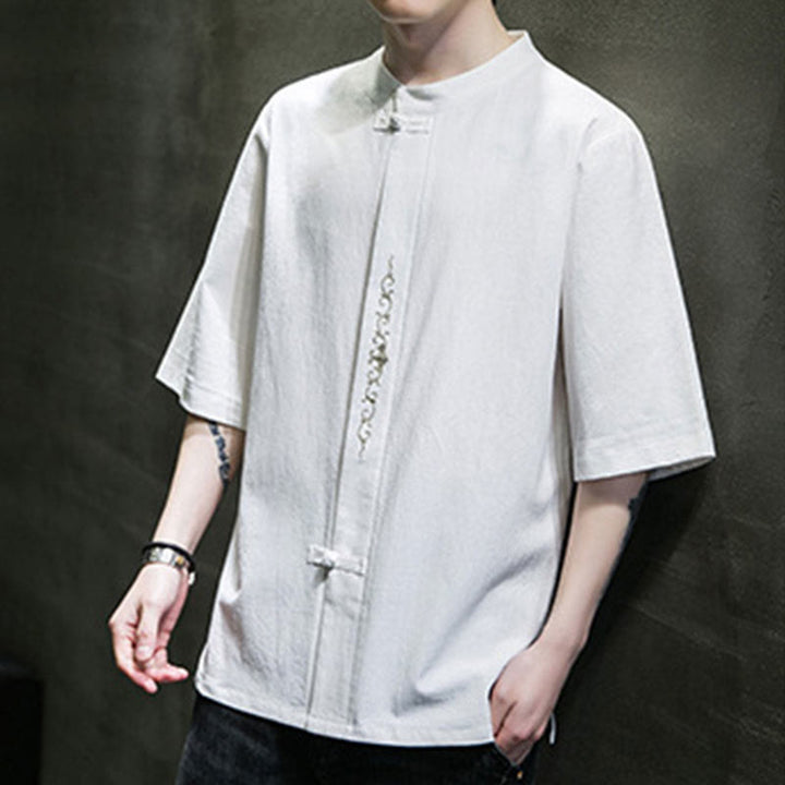 Buddha Stones Plain Color Frog-Button Embroidery Men's Half Sleeve Cotton Shirt - image 21