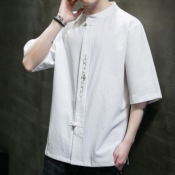 Buddha Stones Plain Color Frog-Button Embroidery Men's Half Sleeve Cotton Shirt - image 22