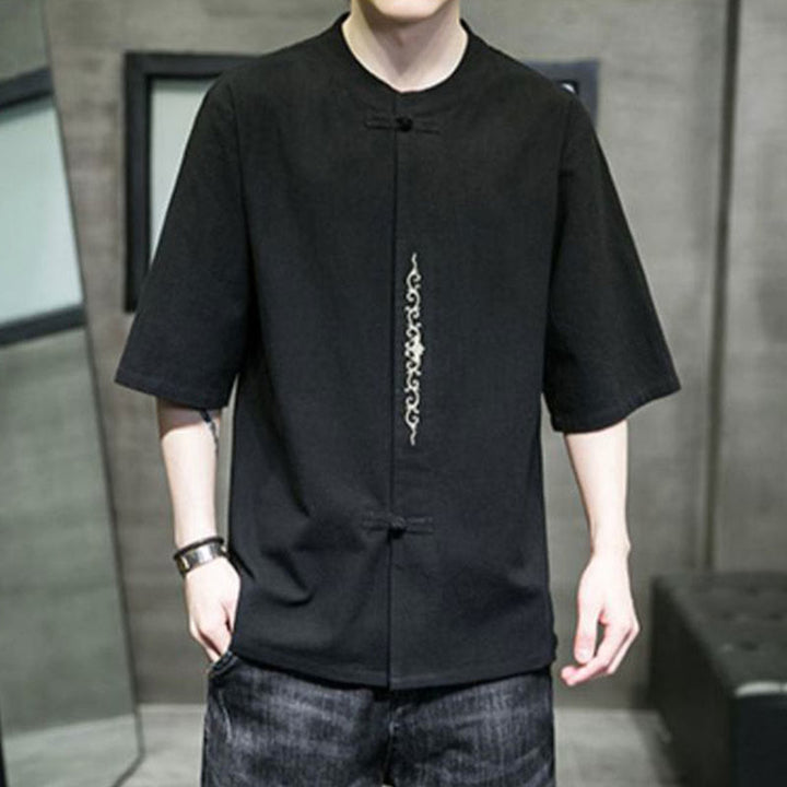 Buddha Stones Plain Color Frog-Button Embroidery Men's Half Sleeve Cotton Shirt - image 14