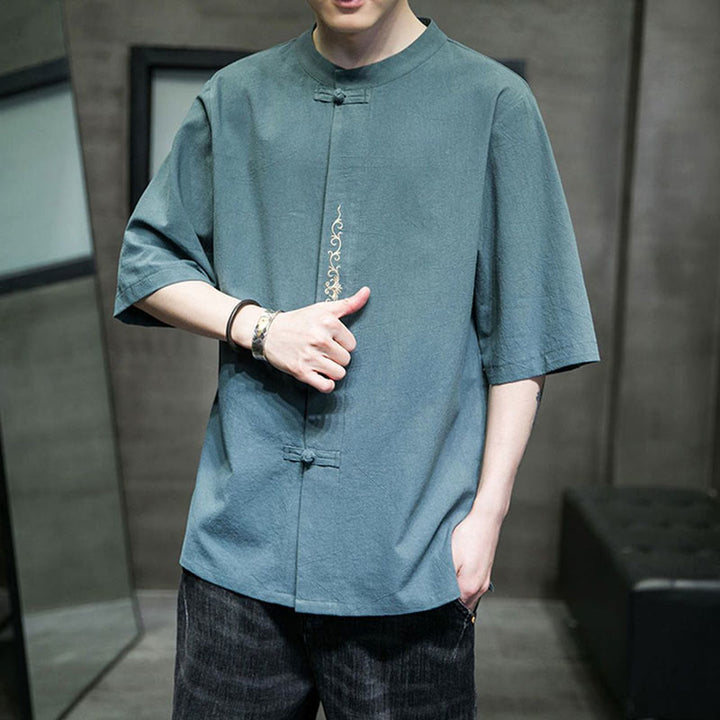 Buddha Stones Plain Color Frog-Button Embroidery Men's Half Sleeve Cotton Shirt - image 7