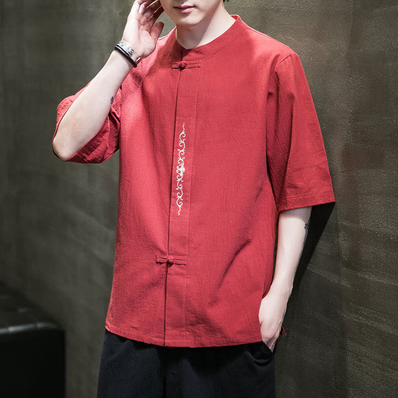 Buddha Stones Plain Color Frog-Button Embroidery Men's Half Sleeve Cotton Shirt - Tomato - US/UK/AU46，EU56 (5XL) - image 28