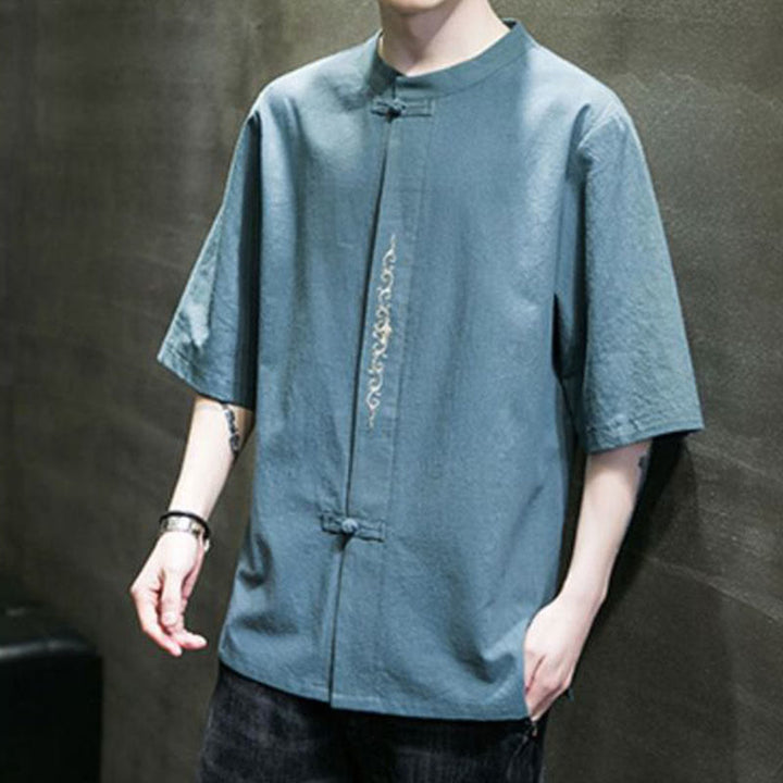 Buddha Stones Plain Color Frog-Button Embroidery Men's Half Sleeve Cotton Shirt - image 3