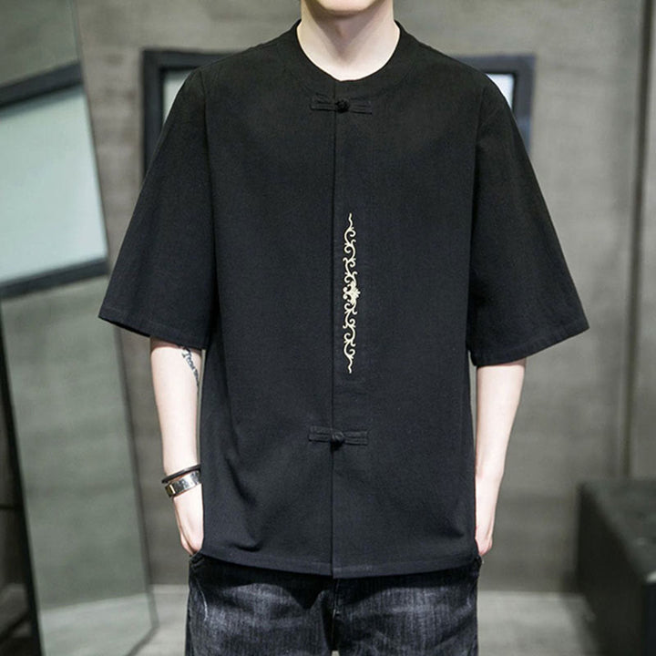 Buddha Stones Plain Color Frog-Button Embroidery Men's Half Sleeve Cotton Shirt - Black - US/UK/AU46，EU56 (5XL) - image 8