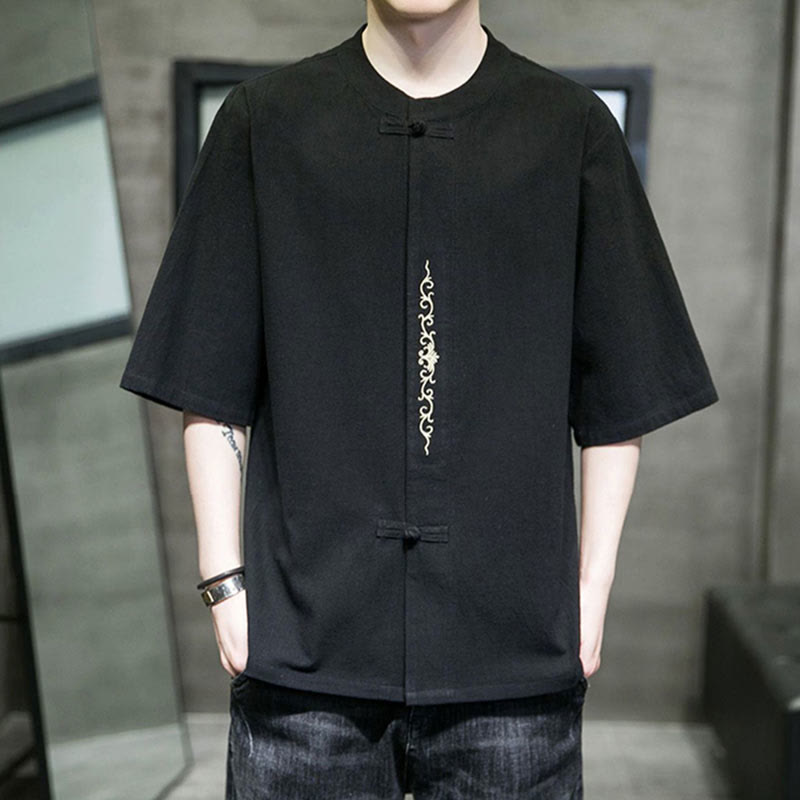 Buddha Stones Plain Color Frog-Button Embroidery Men's Half Sleeve Cotton Shirt - Black - US/UK/AU46，EU56 (5XL) - image 8