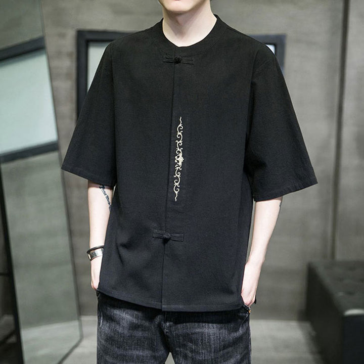 Buddha Stones Plain Color Frog-Button Embroidery Men's Half Sleeve Cotton Shirt - image 17