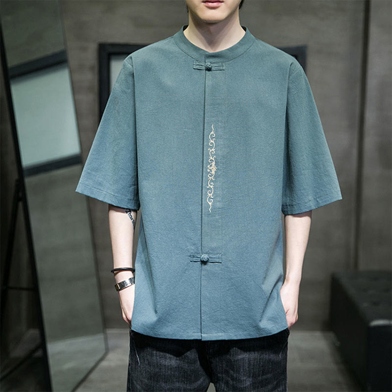 Buddha Stones Plain Color Frog-Button Embroidery Men's Half Sleeve Cotton Shirt - Turquoise - US/UK/AU46，EU56 (5XL) - image 1