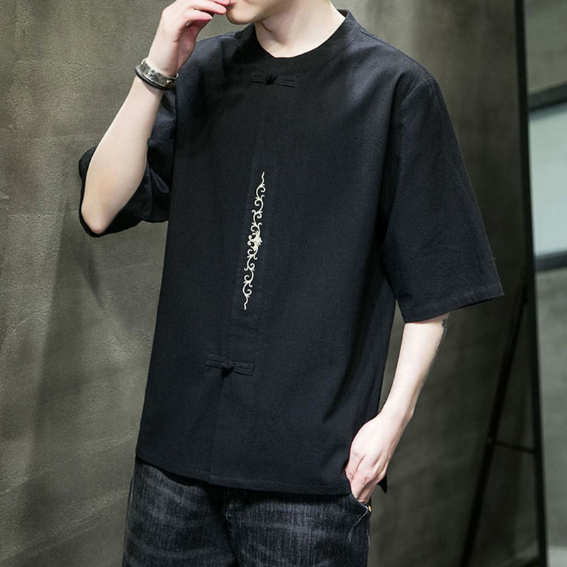 Buddha Stones Plain Color Frog-Button Embroidery Men's Half Sleeve Cotton Shirt - image 12