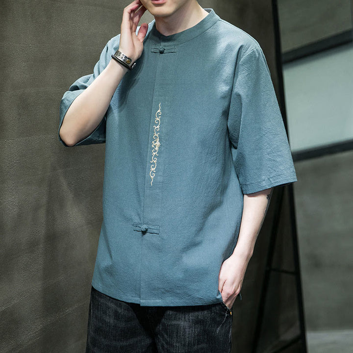 Buddha Stones Plain Color Frog-Button Embroidery Men's Half Sleeve Cotton Shirt - image 4