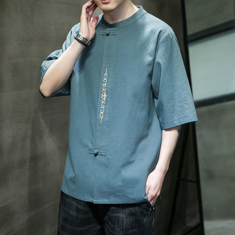 Buddha Stones Plain Color Frog-Button Embroidery Men's Half Sleeve Cotton Shirt - image 5