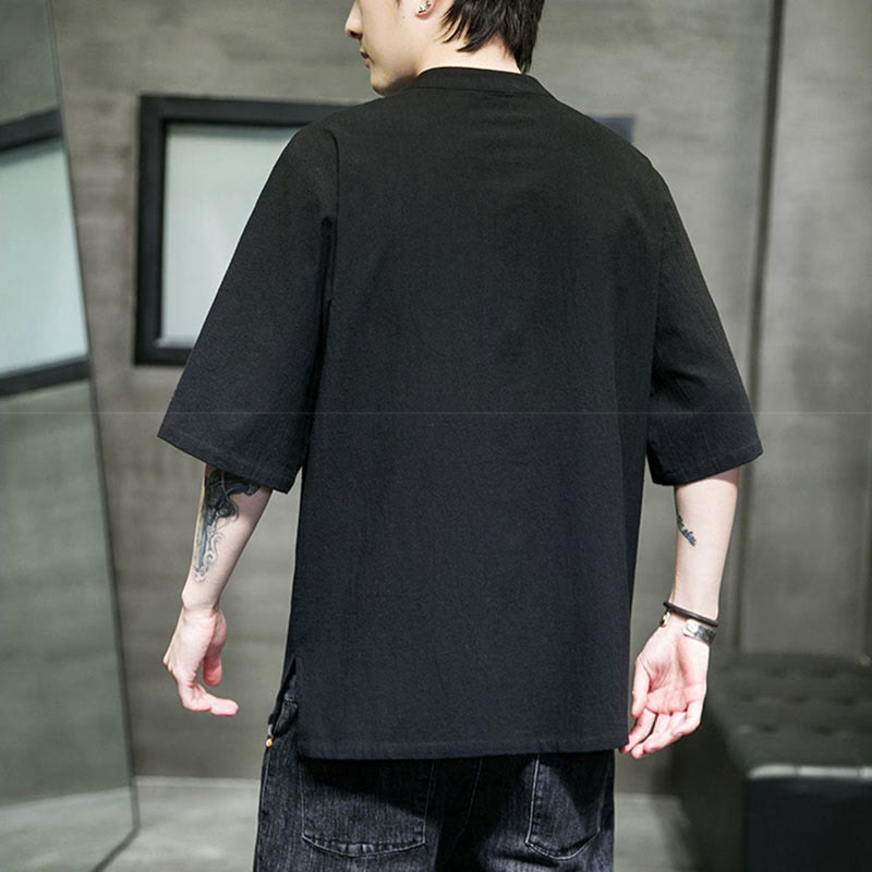 Buddha Stones Plain Color Frog-Button Embroidery Men's Half Sleeve Cotton Shirt - image 10