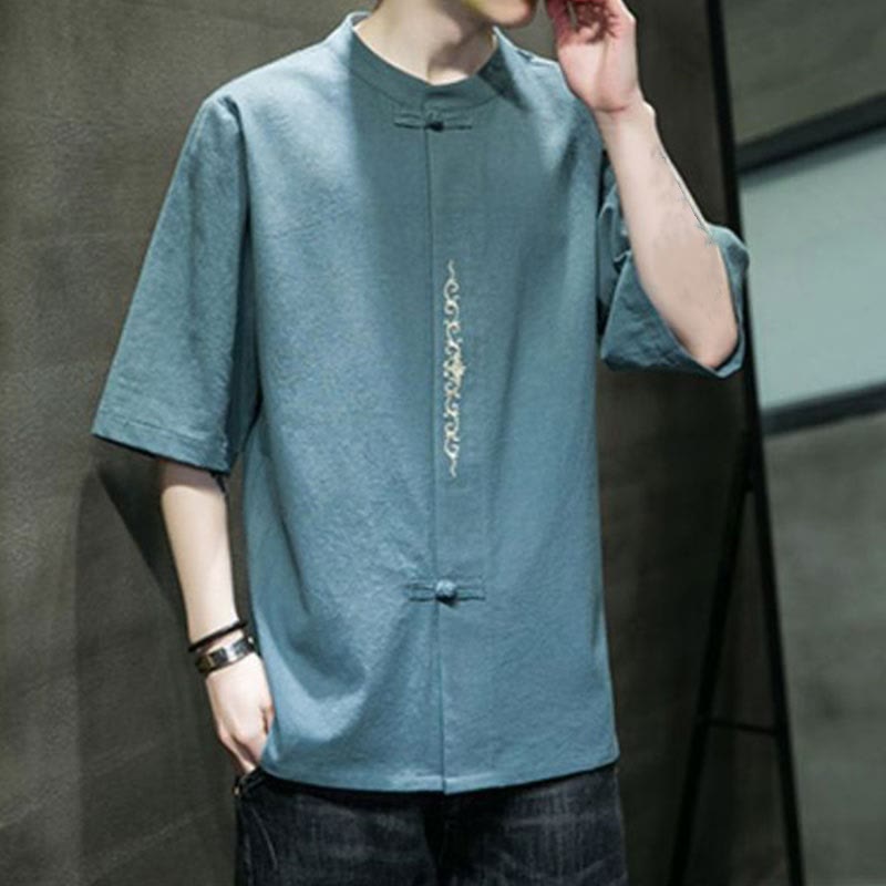 Buddha Stones Plain Color Frog-Button Embroidery Men's Half Sleeve Cotton Shirt - image 2