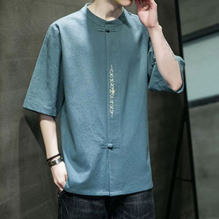 Buddha Stones Plain Color Frog-Button Embroidery Men's Half Sleeve Cotton Shirt - image 2