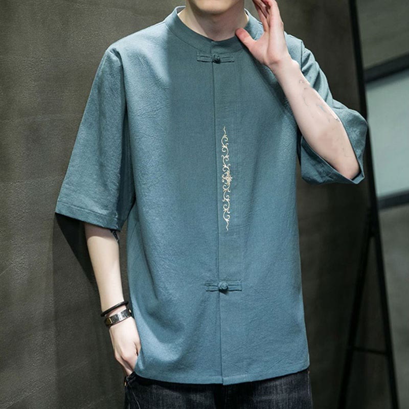 Buddha Stones Plain Color Frog-Button Embroidery Men's Half Sleeve Cotton Shirt - image 6
