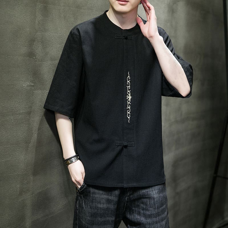 Buddha Stones Plain Color Frog-Button Embroidery Men's Half Sleeve Cotton Shirt - image 15
