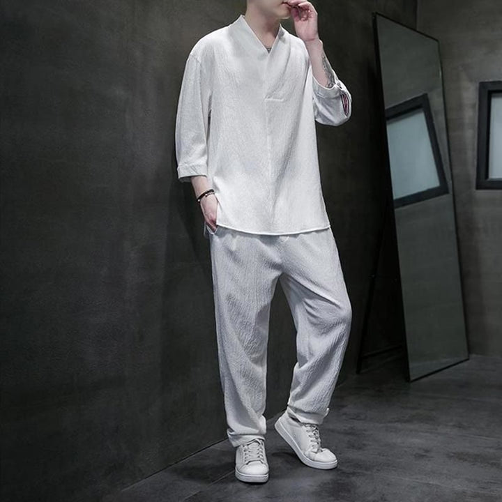 Buddha Stones Solid Color V-Neck Three Quarter Sleeve Shirt Casual Pants Clothing Men's Set - image 1