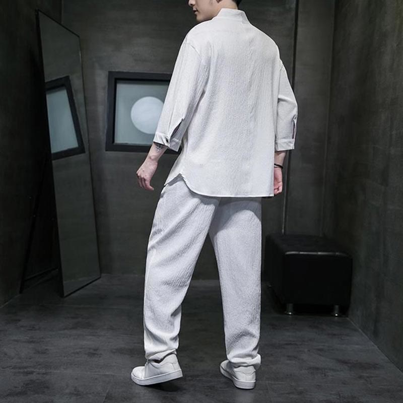 Buddha Stones Solid Color V-Neck Three Quarter Sleeve Shirt Casual Pants Clothing Men's Set - image 2