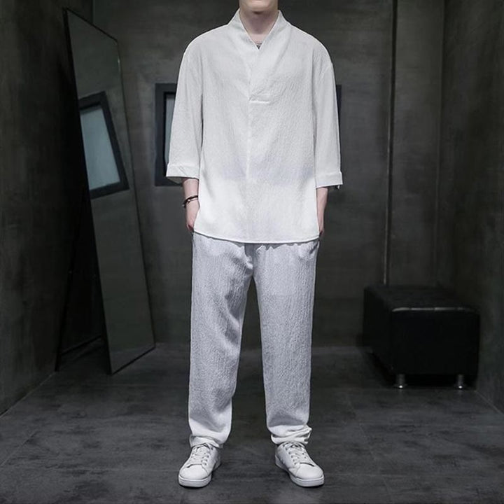 Buddha Stones Solid Color V-Neck Three Quarter Sleeve Shirt Casual Pants Clothing Men's Set - White - US/UK/AU44，EU54 (4XL) - image 0