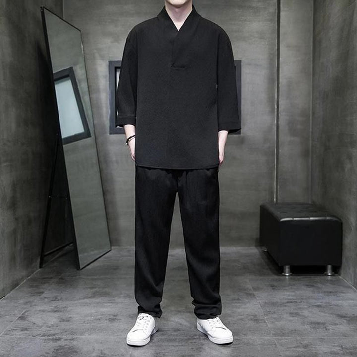 Buddha Stones Solid Color V-Neck Three Quarter Sleeve Shirt Casual Pants Clothing Men's Set - Black - US/UK/AU44，EU54 (4XL) - image 7