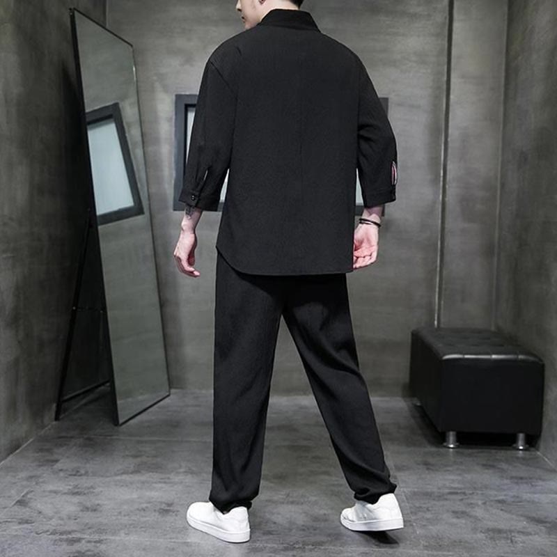 Buddha Stones Solid Color V-Neck Three Quarter Sleeve Shirt Casual Pants Clothing Men's Set - image 9