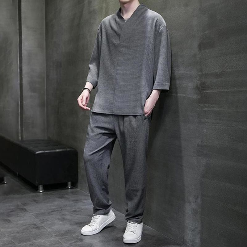 Buddha Stones Solid Color V-Neck Three Quarter Sleeve Shirt Casual Pants Clothing Men's Set - image 23