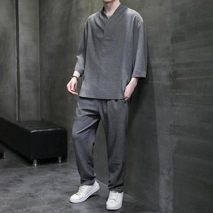 Buddha Stones Solid Color V-Neck Three Quarter Sleeve Shirt Casual Pants Clothing Men's Set - image 23