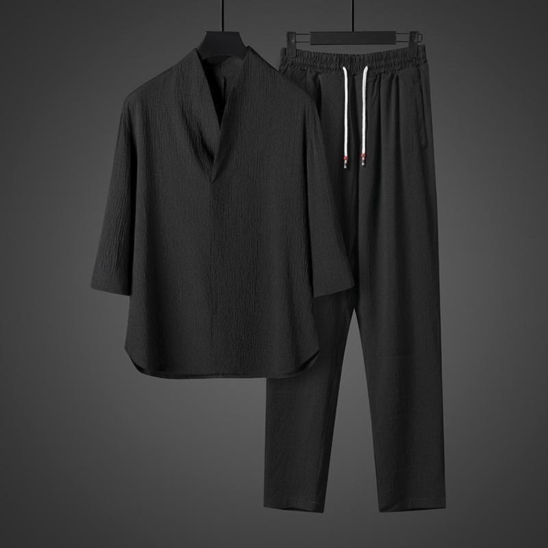 Buddha Stones Solid Color V-Neck Three Quarter Sleeve Shirt Casual Pants Clothing Men's Set - image 11