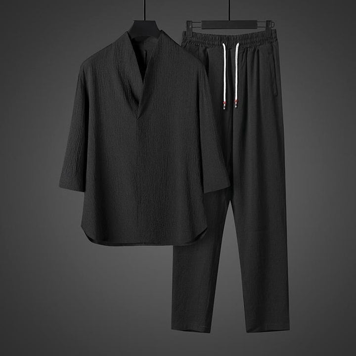 Buddha Stones Solid Color V-Neck Three Quarter Sleeve Shirt Casual Pants Clothing Men's Set - image 11