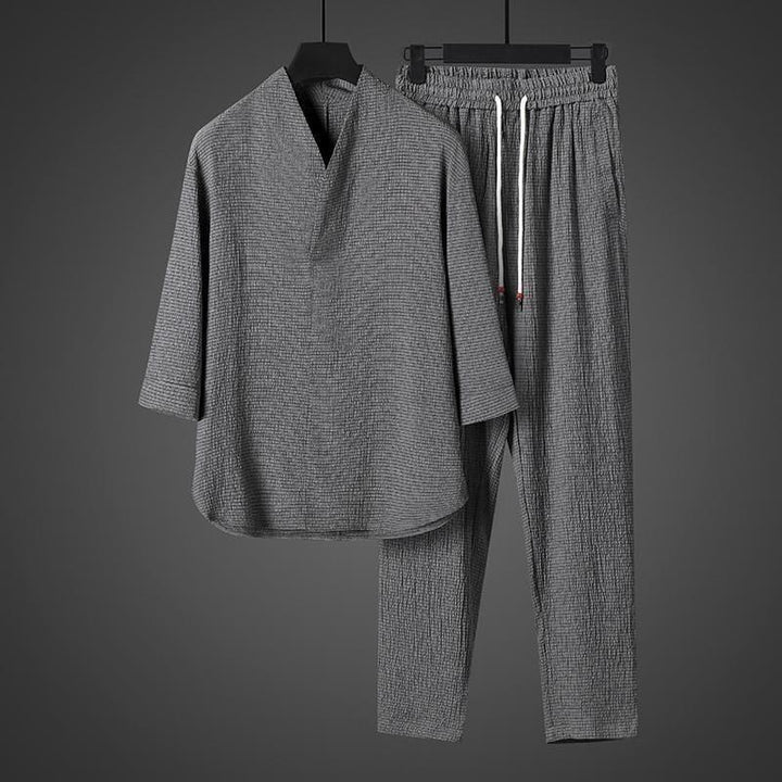 Buddha Stones Solid Color V-Neck Three Quarter Sleeve Shirt Casual Pants Clothing Men's Set - image 24