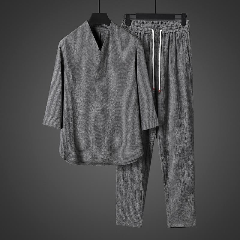 Buddha Stones Solid Color V-Neck Three Quarter Sleeve Shirt Casual Pants Clothing Men's Set - image 23