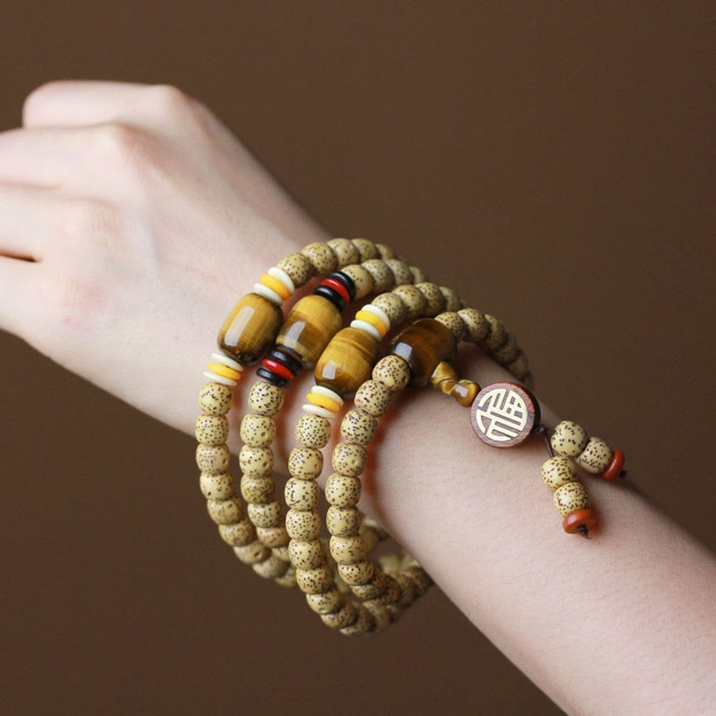 Buddha Stones 108 Mala Beads Bodhi Seed Tiger's Eye Fu Character Peace Bracelet