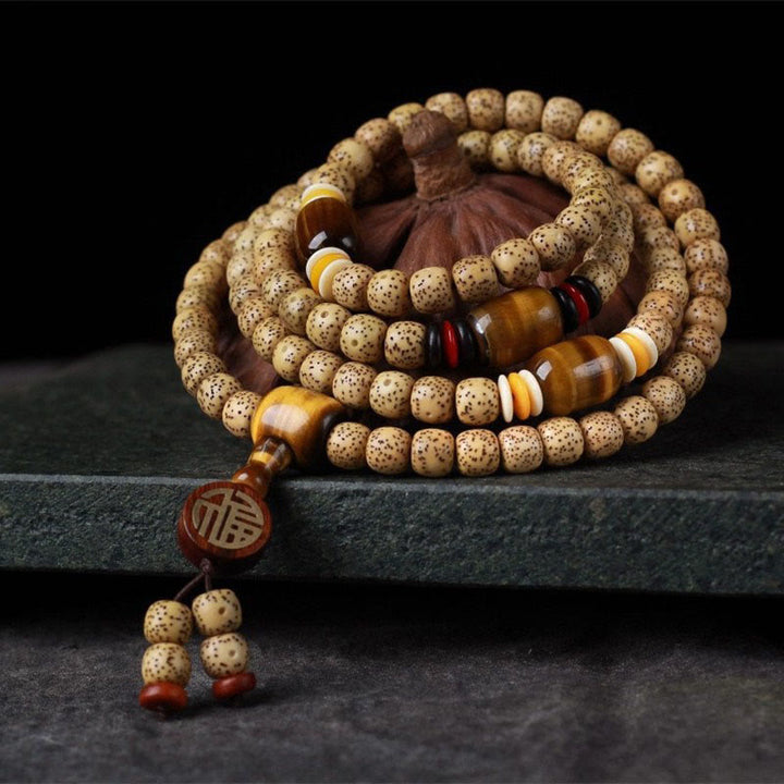 Buddha Stones 108 Mala Beads Bodhi Seed Tiger's Eye Fu Character Peace Bracelet