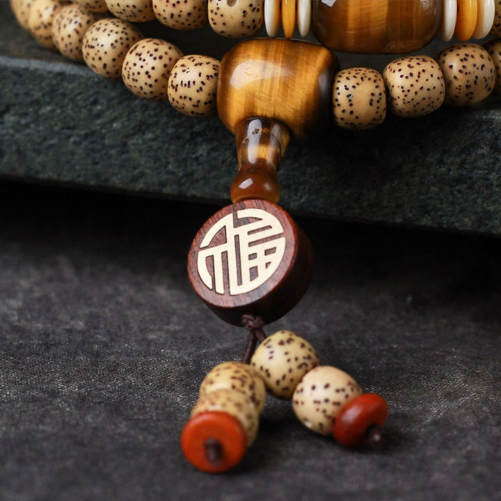 Buddha Stones 108 Mala Beads Bodhi Seed Tiger's Eye Fu Character Peace Bracelet