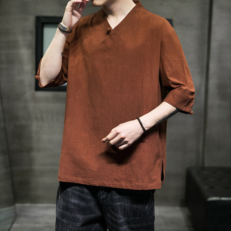 Buddha Stones V-Neck Plain Men's Half Sleeve Cotton Shirt - image 8