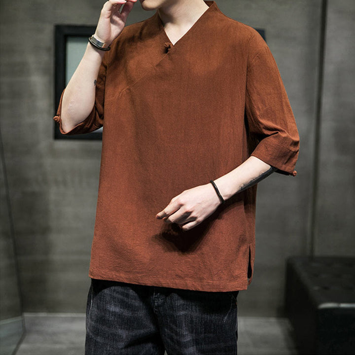 Buddha Stones V-Neck Plain Men's Half Sleeve Cotton Shirt - image 8