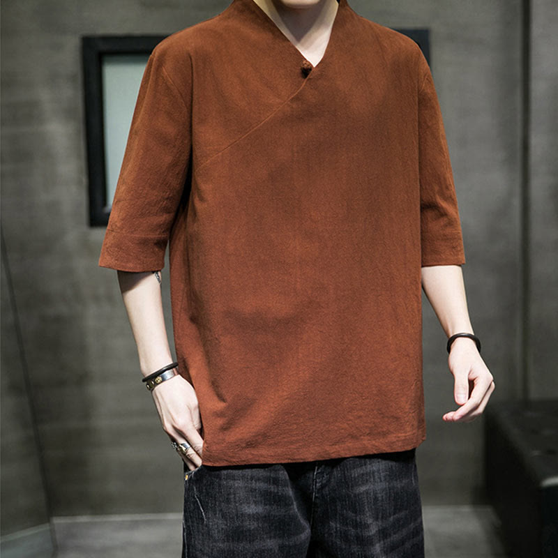 Buddha Stones V-Neck Plain Men's Half Sleeve Cotton Shirt - image 3
