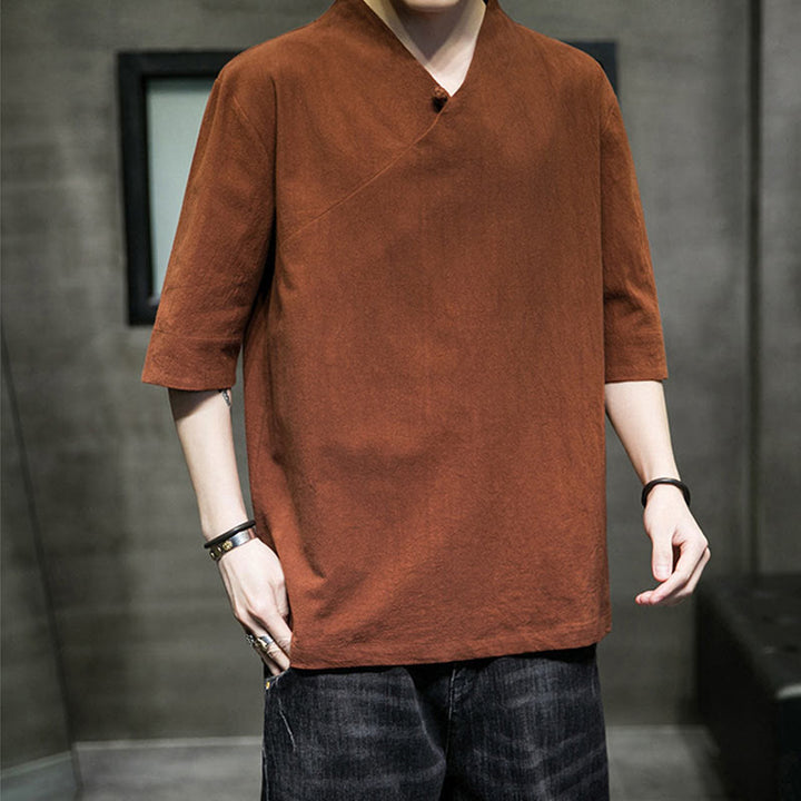 Buddha Stones V-Neck Plain Men's Half Sleeve Cotton Shirt - image 3
