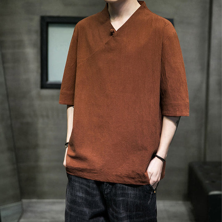 Buddha Stones V-Neck Plain Men's Half Sleeve Cotton Shirt - image 10