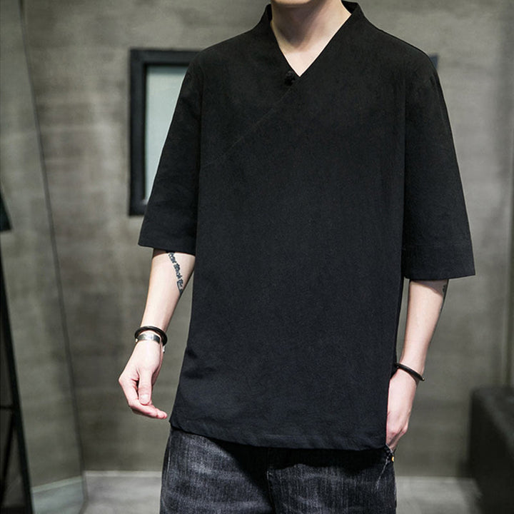 Buddha Stones V-Neck Plain Men's Half Sleeve Cotton Shirt - Black - 5XL(Fit for USUK/AU46; EU56) - image 12