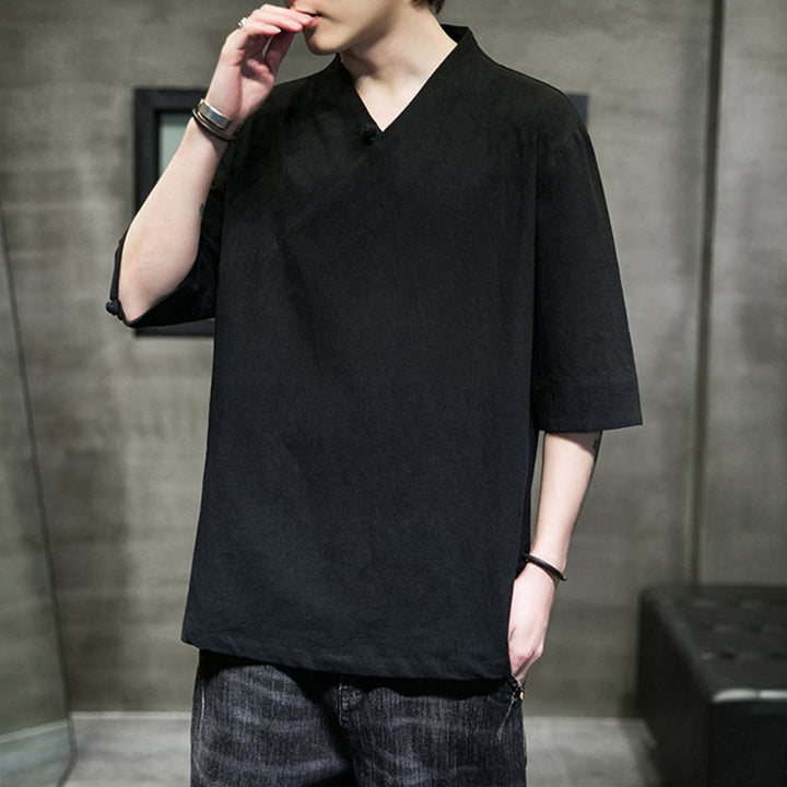 Buddha Stones V-Neck Plain Men's Half Sleeve Cotton Shirt - image 15