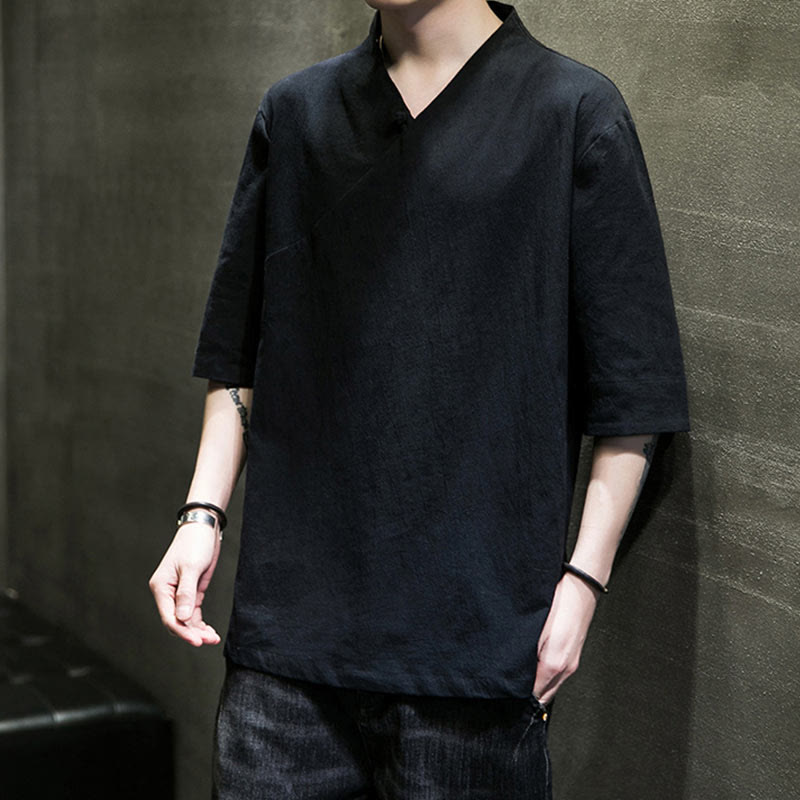 Buddha Stones V-Neck Plain Men's Half Sleeve Cotton Shirt - image 17
