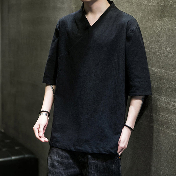 Buddha Stones V-Neck Plain Men's Half Sleeve Cotton Shirt - image 17