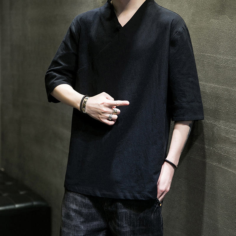 Buddha Stones V-Neck Plain Men's Half Sleeve Cotton Shirt - image 19