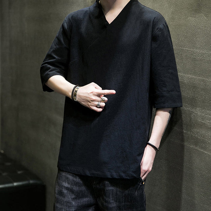 Buddha Stones V-Neck Plain Men's Half Sleeve Cotton Shirt - image 19