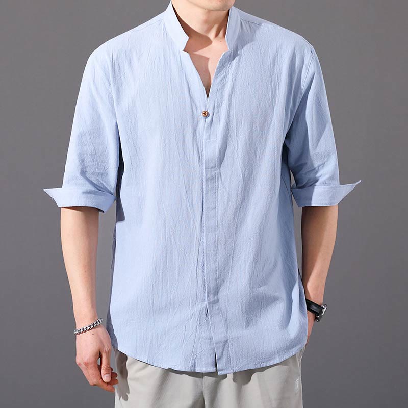 Buddha Stones Summer Men's Half Sleeve Button Cotton Shirt - LightBlue - US/UK/AU48，EU58 (6XL)  - image 1