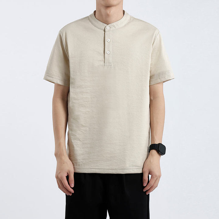 Buddha Stones Summer Short Sleeve Half Button Shirt Cotton Linen Men Clothing