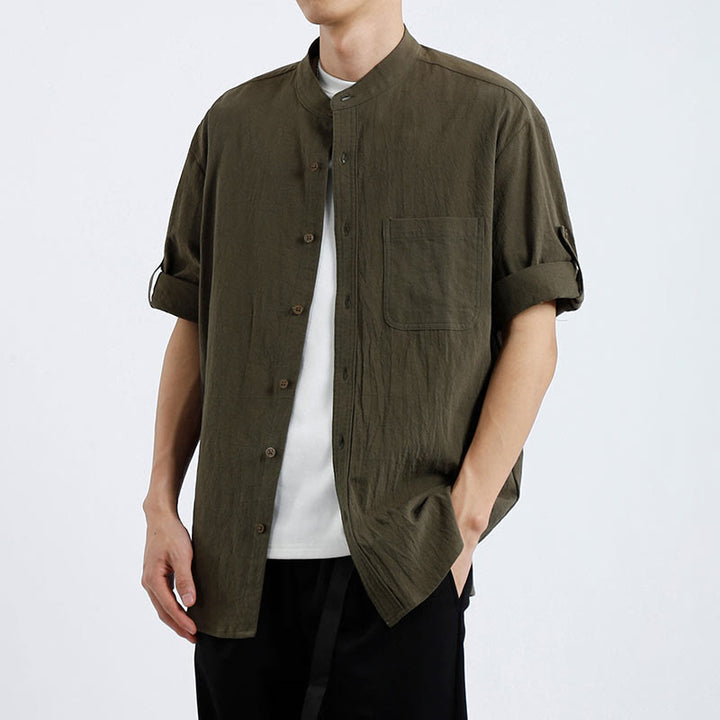 Buddha Stones Simple Men's Short Sleeve Button Down Cotton Linen Shirt