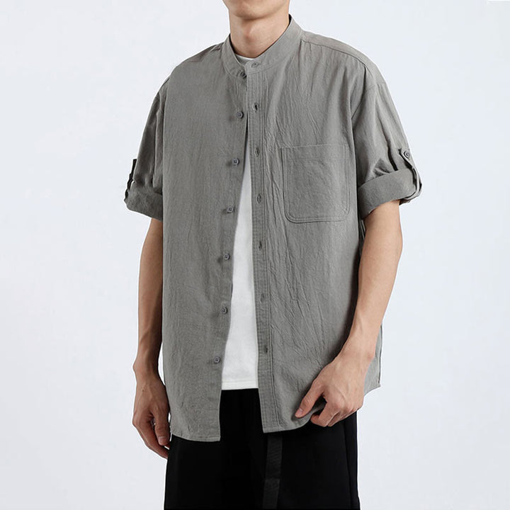 Buddha Stones Simple Men's Short Sleeve Button Down Cotton Linen Shirt